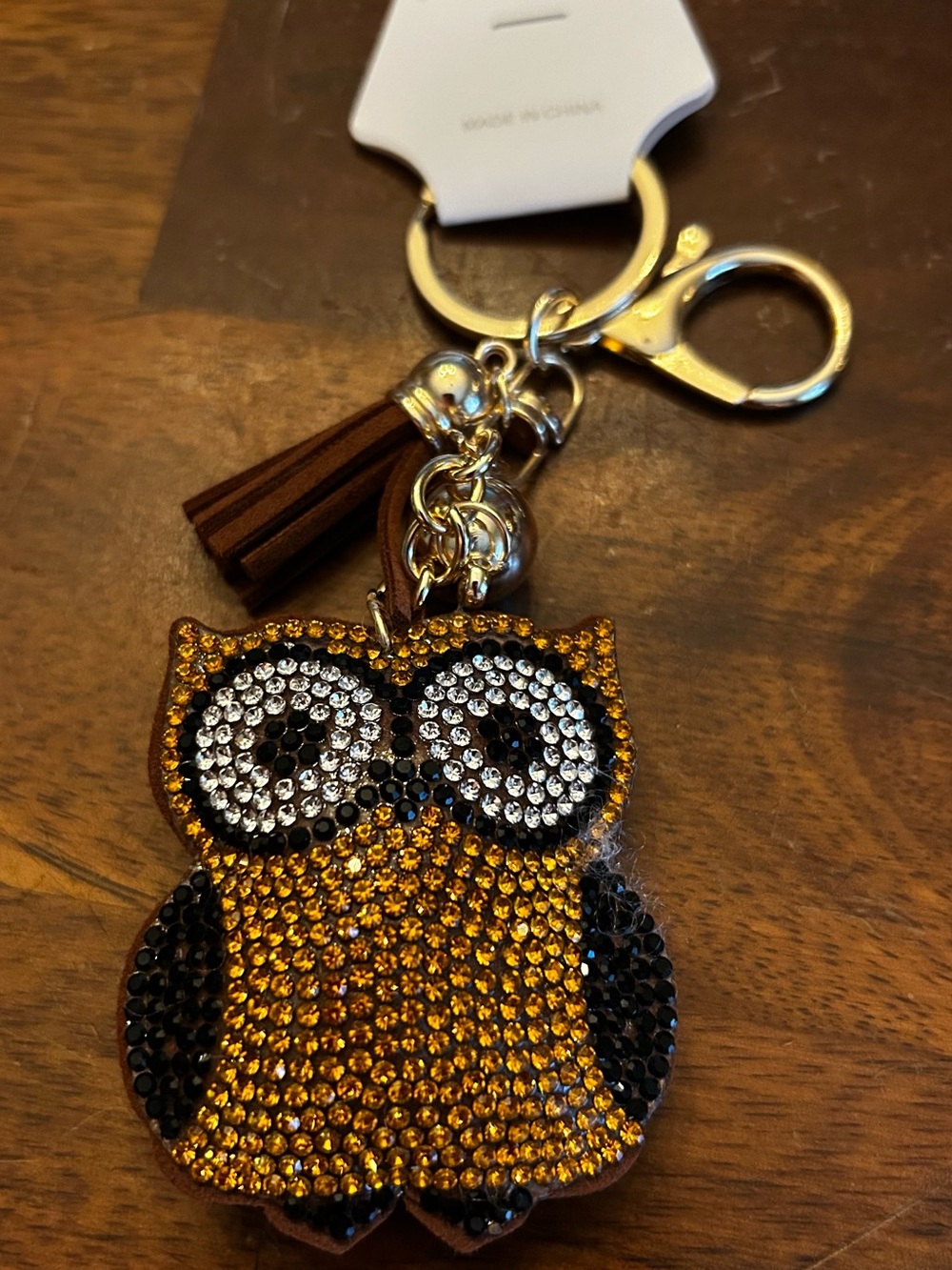 Fashion Jewelry Gold and Black Crystal Owl Keyring Bag Charm with Tassel & Clasp